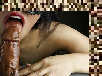 Sucking a Limp Dick into a Chocolate and Cum Dripping Rock Cock