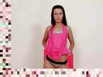Teen in slutty pink clubbing dress puts on pantyhose