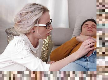 Shy blonde Hanna Rey with glasses having sex with her boyfriend