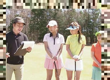 Japanese golfing girls strip on the course and swing naked