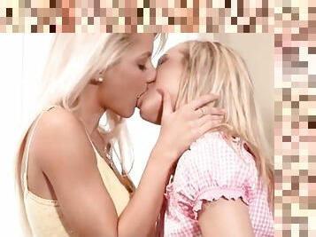 Blonde teen lesbian foreplay with hot kissing