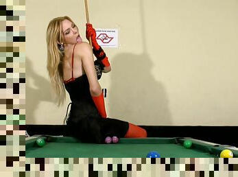 Fabulous blonde shemale strips on a pool table and jerks off