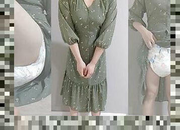 Crossdresser Wearing a Chiffon Dress and a Thick Diaper, then Jerking off 01 ??? ?? ?? ???