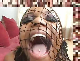 Kinky ebony teen Marie Luv ass fucked hard in fishnets