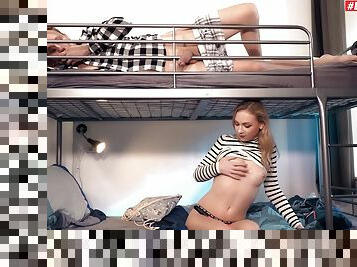 Nude blonde gets laid with her roommate from college