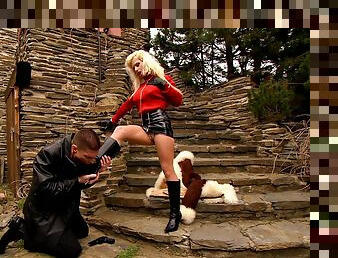 Kissing his blonde babe's boots and draining her tight butthole