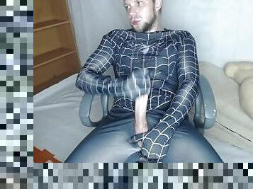 cumming on porn in a spiderman costume