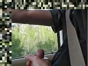 straight guy lets bi roommate play with his cock while driving on a road trip