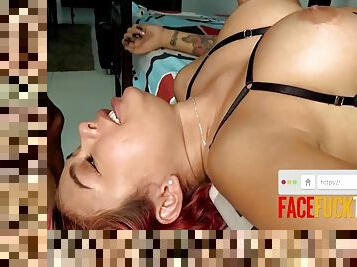 Tanned tattooed redhead latina facefucked lying on her back