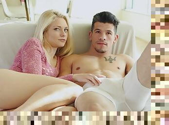 Porn watching couple fucks on the couch