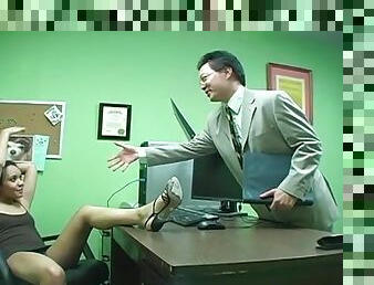 Upskirt and footjob tease in her office