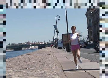 Russian blonde Olga meets BBC while jogging