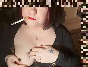British tart Tina Snua tugs on her perky nipples and smokes 2 chain cigarettes - big tits BBW satisfies her smoking fetish