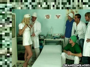 Slutty blonde nurse can't wait to be gangbanged by her colleagues