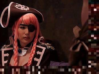 A Japanese babe dressed like a pirate giving a great blowjob