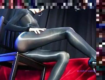 Click for preview Nylon encasement worship - long legs shiny fetish sensual goddess worship catsuit