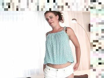 Mom in lace top stockings strips slowly