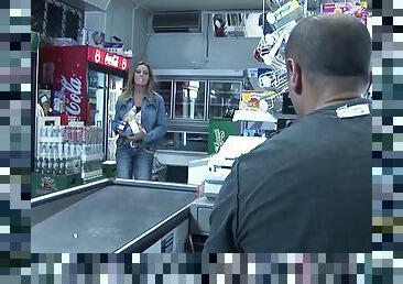 Convenience store clerk and a slutty girl fucking on the floor