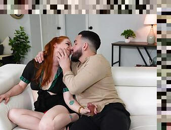 Redhead rubs her hairy clit while the man fucks her in merciless manners