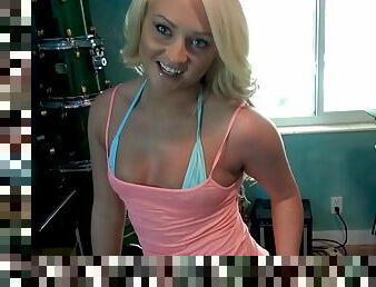 Blonde cutie Keely gets down on her knees to suck a hard dick