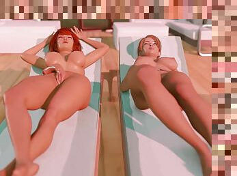 Big tits babe gets a huge cumshot from a redhead futanari babe in a 3d animation