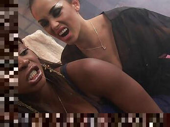 In the garage a white girl and black girl have interracial lesbian sex