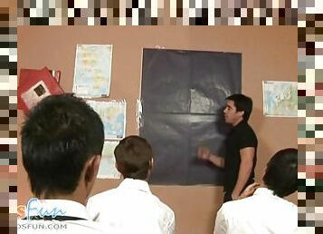 Cute twink students team up to blow their teacher