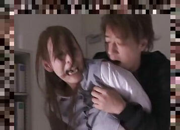 Japanese hussy gets her mouth and twat pounded hard in an office