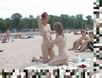 Teen nudists take off their clothes and play nude