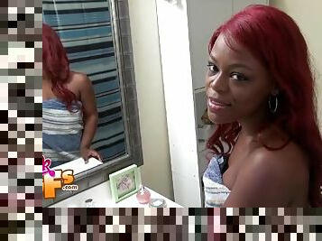 Buxom busty redhead ebony MILF Danielle Reid fills her mouth with cum
