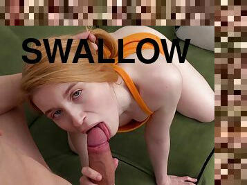 Redhead with small tits swallows after nice POV cam sex