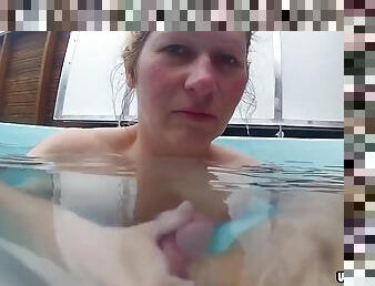 Horny blonde wife sucking boyfriends dick in the pool