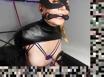 SLUTTY BONDAGE MILF SKYE GETS LEATHER ARMBINDER NIPPLE CLAMPED AND HOT WAX PLAY