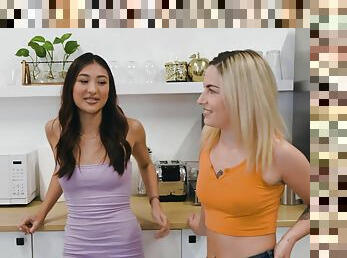 FFM threesome in the kitchen with Mina Luxx and Chanel Camryn