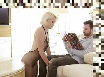 Blonde Marilyn Moore wearing fishnet lingerie gets fucked