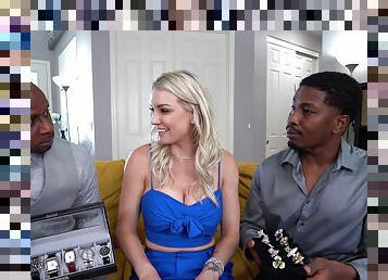 Blondie gets shared by a pair of black hunks with huge dicks