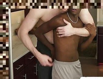 Black twink bareback drilled by white dilf in the kitchen