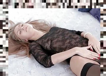 Girl in black lace masturbates for her boyfriend