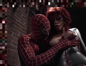 Aroused redhead feels Spiderman's endless dick tearing her pussy apart
