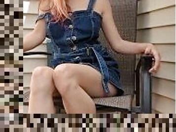 masturbating on back deck in denim dress