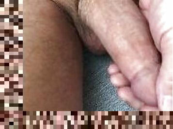 thick cock covered in dried pussy juice swells and cums