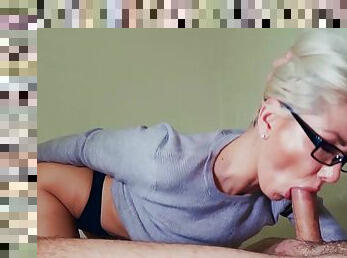 Blonde girlfriend Alena with glasses knows how to make her man cum