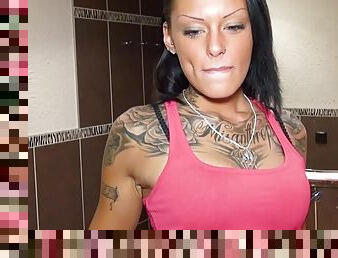 German Skinny tattoo teen slut make blowjob and deepthroat at toilet