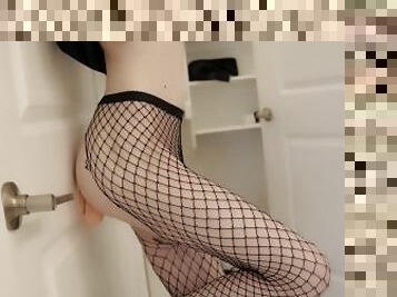 Femboy fishnet dildo fuck