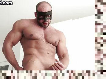 Solo athlete in mask, str8 with muscular body jerks off cock to load