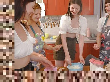 Russian cuties drop their panties  for wild lesbian group sex