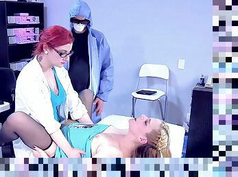 Horny blonde babe gets fucked by a redhead doctor and a nurse