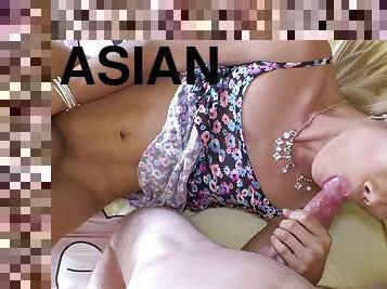 Blonde Asian teen ladyboy Numing fucks a guy anal and he returns the favor