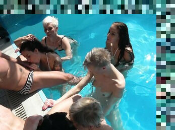 Matures use young men for intimate action down the pool