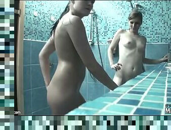 Tiny titty teens fool around in shower